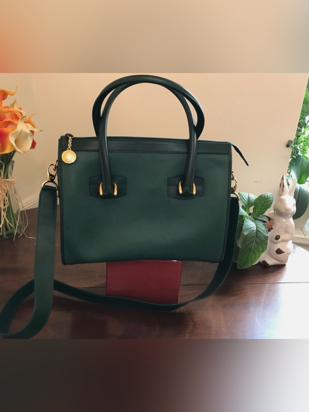 Authentic GUCCI Emerald-Green Color Leather Tote Hand Bag Pre-owned Very Good+